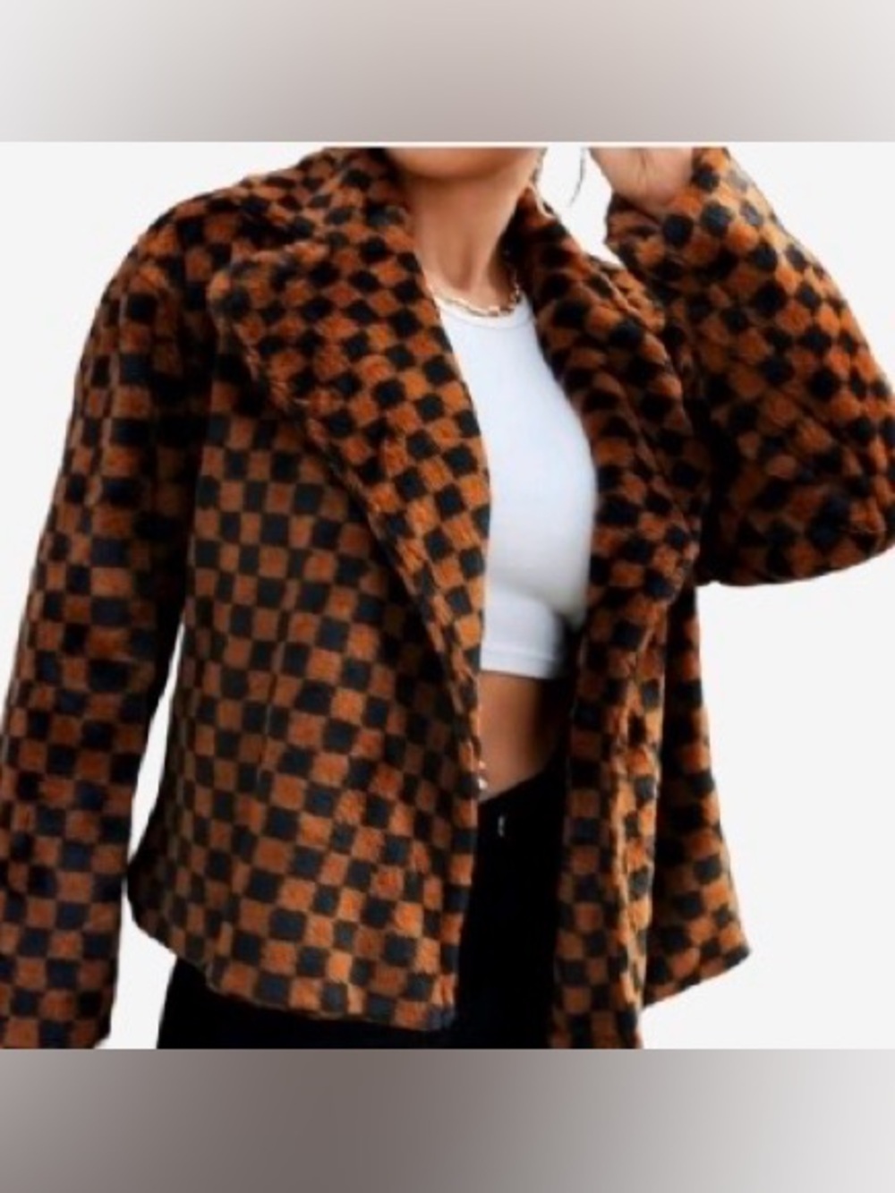 SHEIN Brown & Black Check Faux-Fur Blazer XL